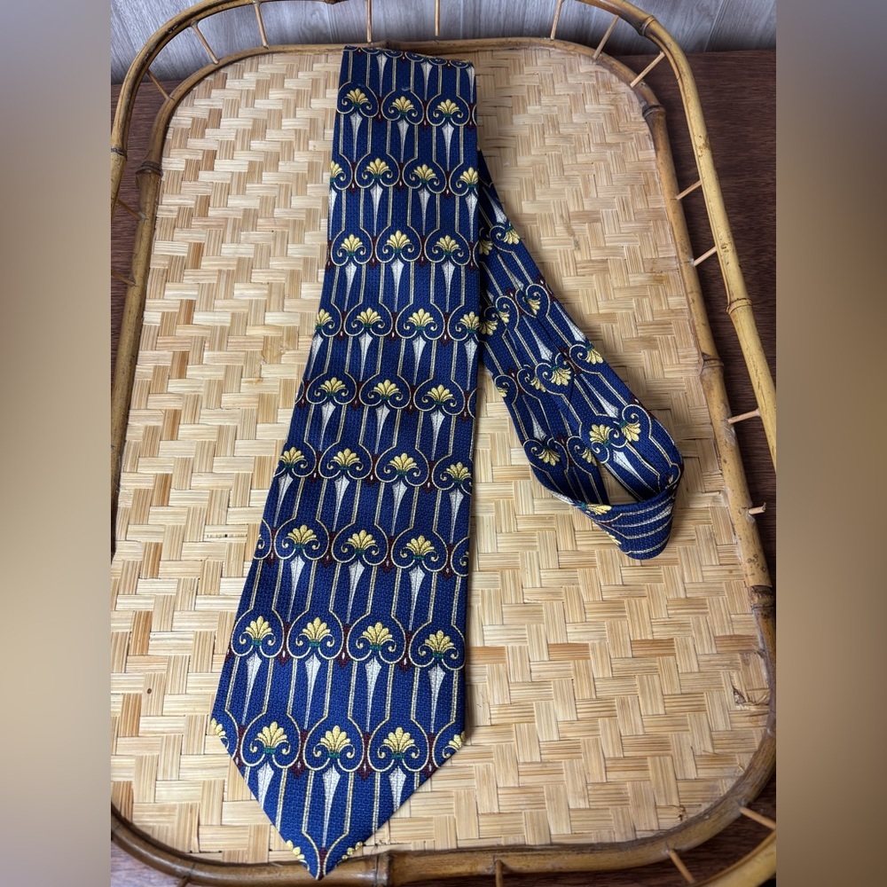 Christian Dior 100% Imported Silk Blue Burgundy and Gold Patterned Tie Vintage